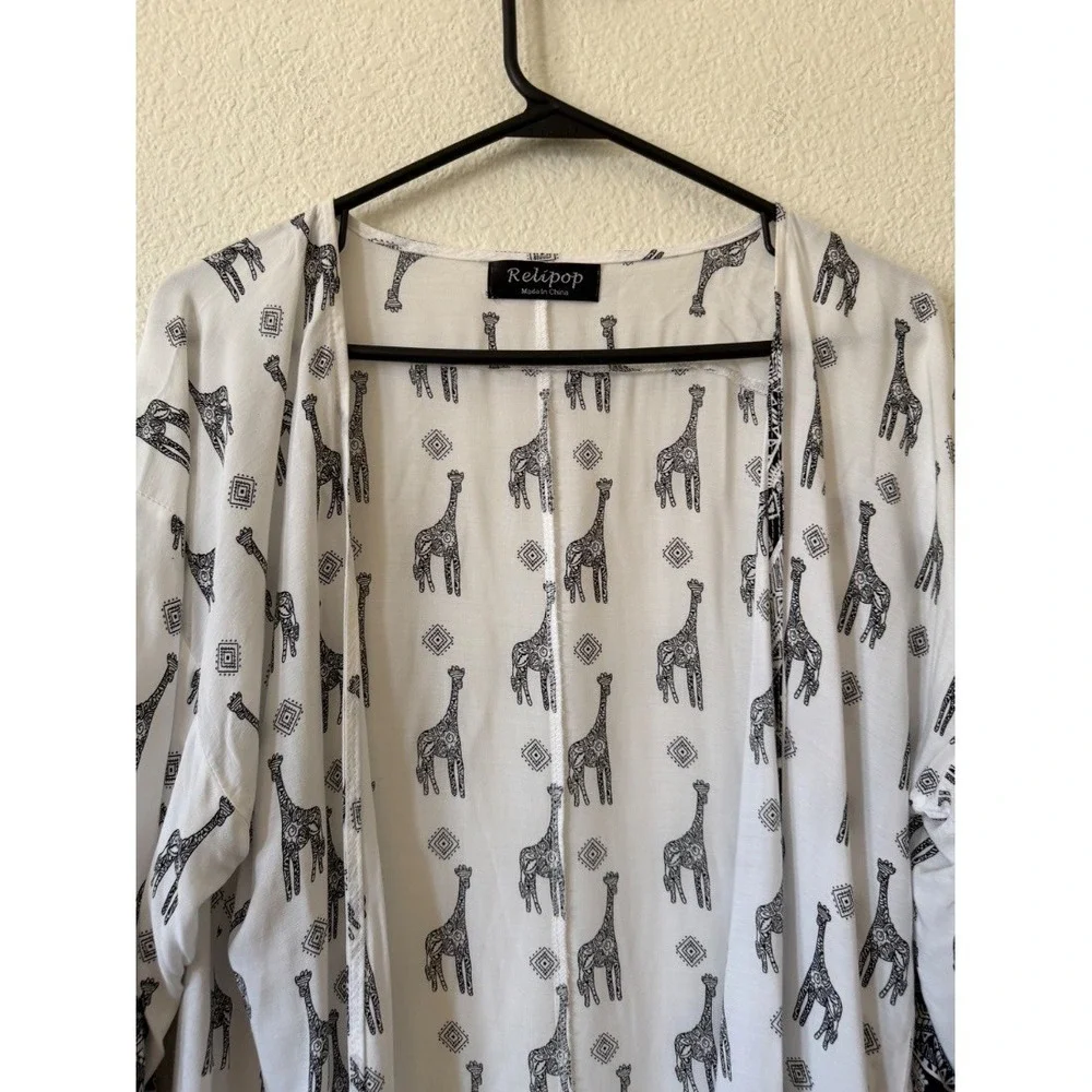 Relipop Womens Kimono Cardigan White Black Giraffe Print Boho‎ Pom Pom Trim M